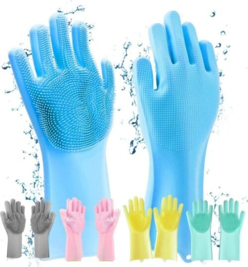 Silicone Washing Full Finger Gloves with Scrubber for Home & Kitchen – Durable and Heat Resistant (Random Colors)