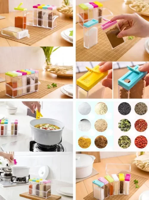 Set of 6 Spice Jars Dispenser Masala Rack Easy Flow Storage Crystal Seasoning Box (Multicolor) – image 2