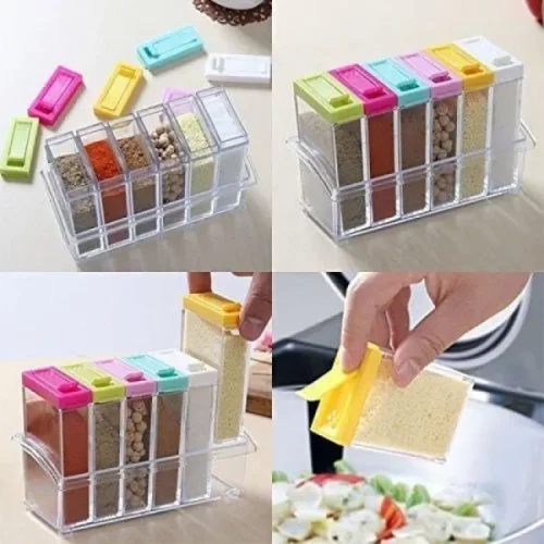 Set of 6 Spice Jars Dispenser Masala Rack Easy Flow Storage Crystal Seasoning Box (Multicolor) – image 3