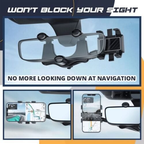 Spin Mirror Mobile Holder | Rearview Mirror Phone Holder For Car - Multifunctional 360° Rotatable, Retractable Mount for Universal Phone Compatibility – image 2