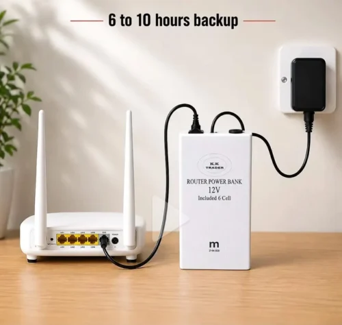 Router power bank connected between a wall adapter and a WiFi router