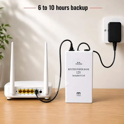 Router power bank connected between a wall adapter and a WiFi router