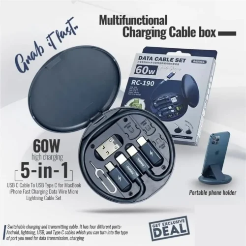 60W 5-in-1 charging cable box with Type-C, Lightning and Micro connectors, SIM tray and phone holder