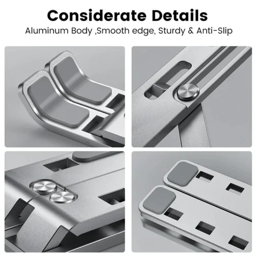 Close-up of aluminium laptop stand silicone pads and hinge