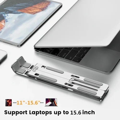 Foldable laptop stand folded flat, fits 11 to 15.6 inch laptops