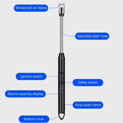 Electric gas lighter parts: arc tip, steel neck, safety switch, battery lights