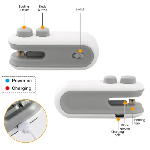 Mini bag sealer parts: sealing buttons, blade, switch and charging port