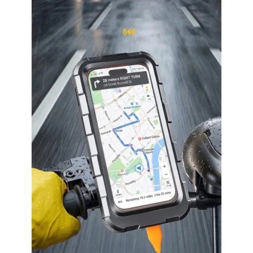 Bike mobile phone holder showing maps on a motorcycle handlebar