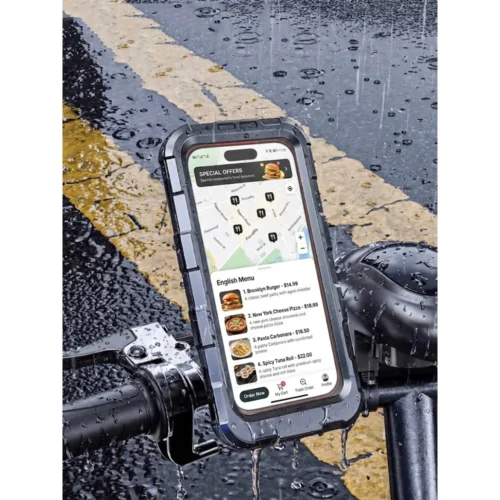 Waterproof bike mobile phone holder in the rain on a handlebar