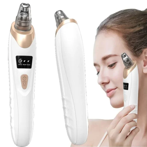 Woman using the blackhead vacuum on her cheek