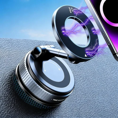 Magnetic car phone holder with twist-lock suction base on dashboard