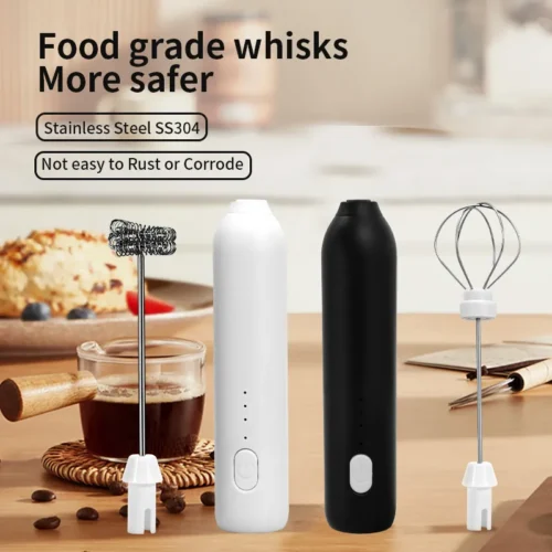 Rechargeable coffee beater in black and white with frother coil and egg whisk