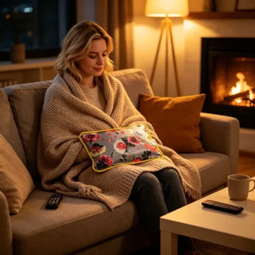 Woman keeping warm with the electric hot water bag on a sofa