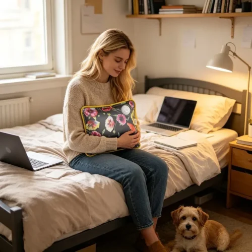 Electric hot water bag held for warmth while sitting on a bed
