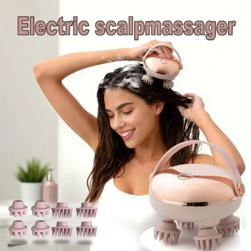Woman using the electric scalp massager while washing her hair