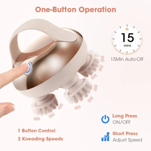 Scalp massager one button control with 2 speeds and 15 minute auto-off