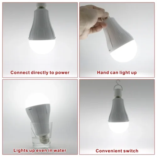 Rechargeable emergency LED bulb hanging and held in hand