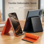 Flexible deformable silicone stand used as phone holder and tablet stand, and rolled up