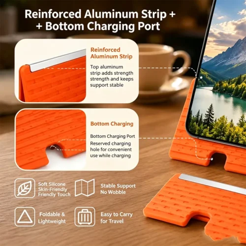 Silicone phone stand aluminium strip and charging cable cut-out