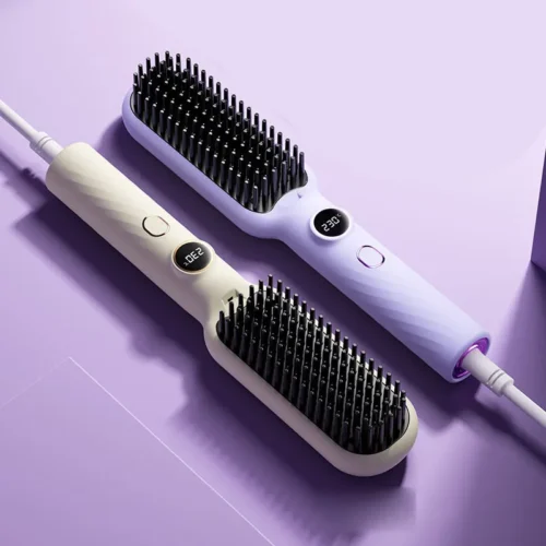 Hair straightener brush in purple and cream colours