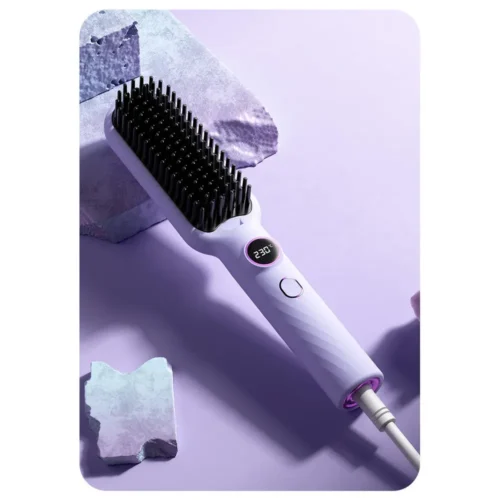 Heated hair straightener brush with temperature screen