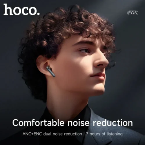 Man wearing Hoco EQ5 noise cancelling earbuds