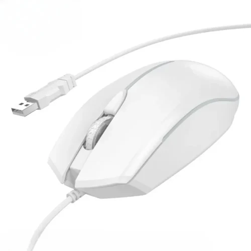 hoco GM37 white wired mouse with USB cable, side view