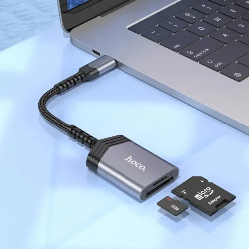 hoco UA25 USB-C SD card reader connected to a phone