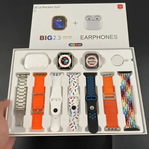 i20 Ultra Max Suit 10-in-1 Smartwatch Set – 2.3" Display, Earphones & 7 Straps