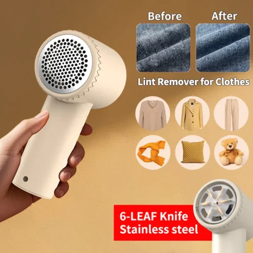 Lint remover before and after on fabric with 6-blade steel head