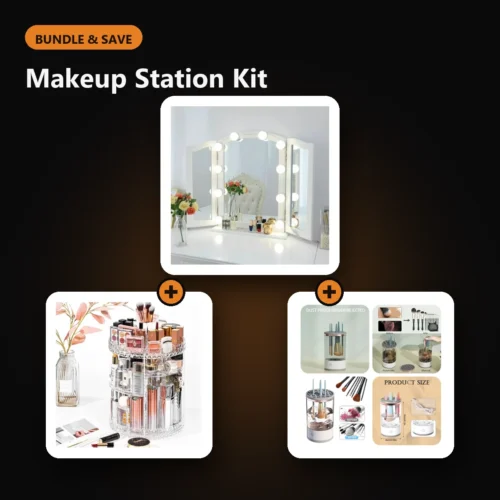 Makeup Station Kit – bundle of Vanity Mirror Lights – Usb Vanity Lights Makeup Lighting 10 Dimmable Light Bulbs – Hollywood Style Led Vanity Mirror Lights Kit For Makeup – Table Bathroom Dressing Room, Premium Makeup Organizer – Clear, Multi-Compartment Cosmetic Storage Solution, Electric Makeup Brush Cleaner and Dryer Set – Quick and Efficient Makeup Tool Cleaner