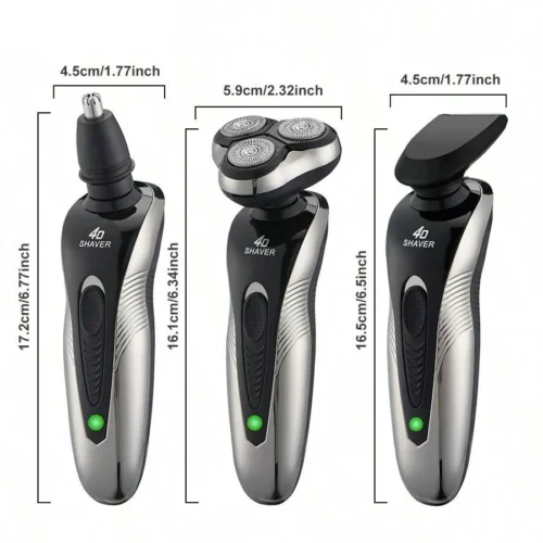 3-in-1 men's rechargeable shaver with three heads and sizes