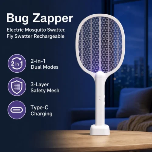 2-in-1 rechargeable mosquito racket with 3-layer mesh and Type-C charging