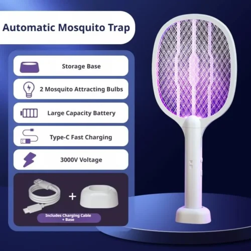 Mosquito racket kit with storage base, attracting bulbs and charging cable