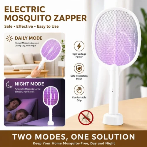 Rechargeable mosquito racket standing on its base in a living room
