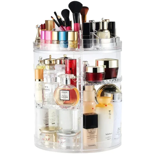 360 degree rotating makeup organizer, 8-layer clear stand filled with lipsticks, perfumes and brushes