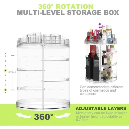 Rotating makeup organizer with adjustable middle trays and 360 degree rotation