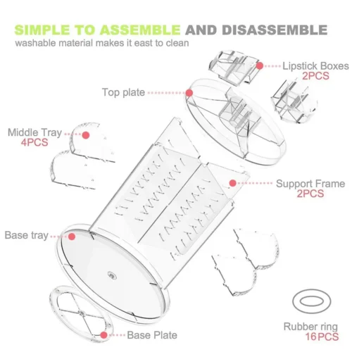 Rotating makeup organizer parts: top plate, lipstick boxes, 4 middle trays, support frame and base