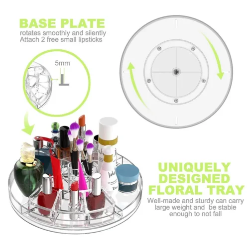 Rotating makeup organizer base plate that turns smoothly with a floral base tray