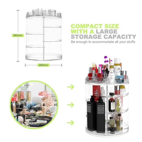 Rotating makeup organizer size 38 cm high and 26 cm base, before and after a tidy dressing table
