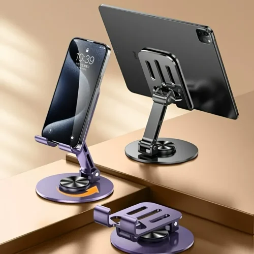 K81 rotating phone stand holding a phone and a tablet, and folded flat