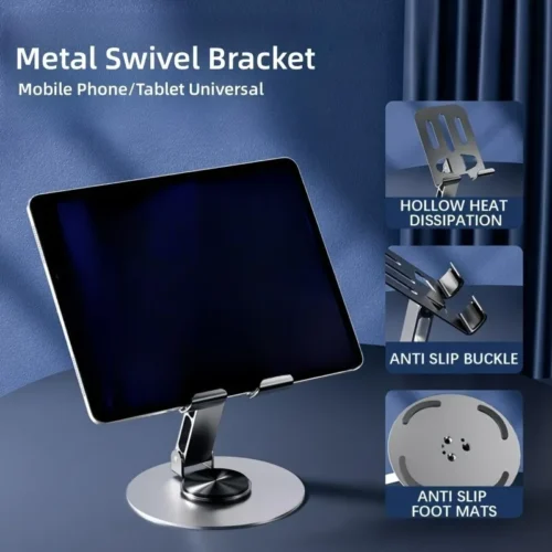 Metal swivel phone stand holding a tablet, with anti-slip details