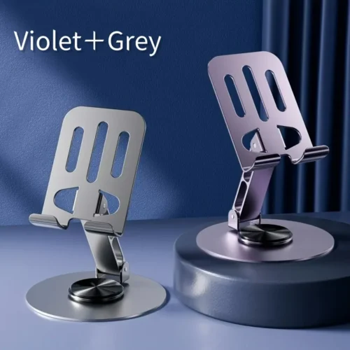360 degree rotating metal phone stand in violet and grey