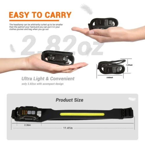 Rechargeable LED headlamp with motion sensor, size and weight