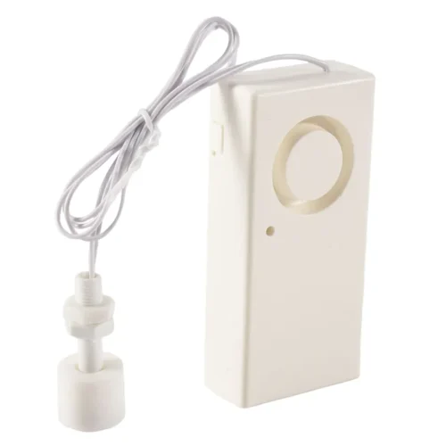 Water tank overflow alarm with float sensor on white background