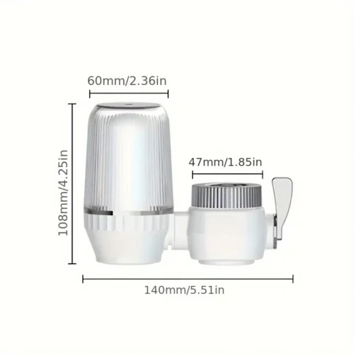 Tap water filter size: about 140 mm wide and 108 mm tall