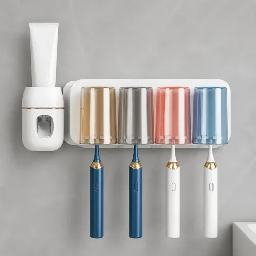 Wall-Mounted Toothpaste Dispenser & Toothbrush Holder with 4 Cups