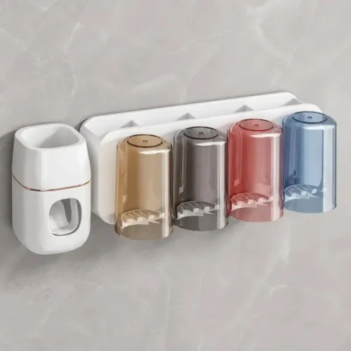 Toothpaste dispenser and rack with 4 coloured cups