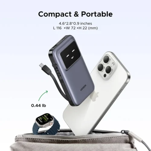 UGREEN 10000mAh built-in cable power bank charging a phone