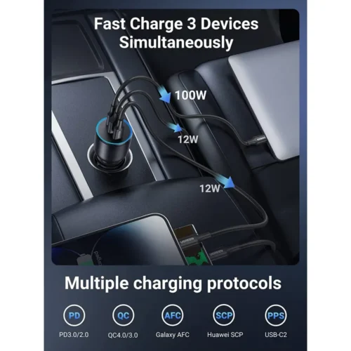 UGREEN 130W car charger charging a laptop in the car